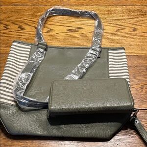Thirty-One Olive Green and Striped Shoulder Bag with Benjamin Wallet Both New